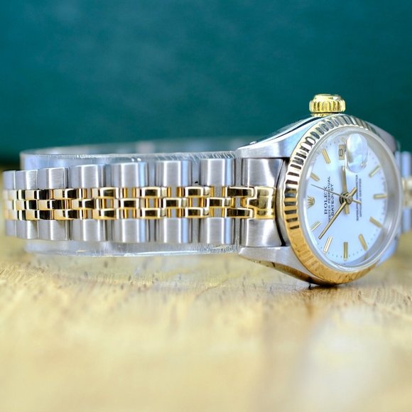 ROLEX DATEJUST WHITE INDEX DIAL 18K GOLD FLUTED JUBILEE TWOTONE 26MM WATCH 69173 - Picture 5 of 10